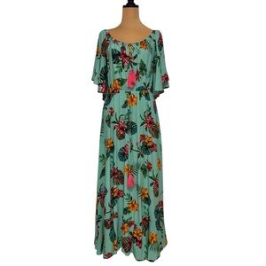 Label OF Love Anthropologie Green Tiered Ruffled Maxi Dress with Flutter Sleeves